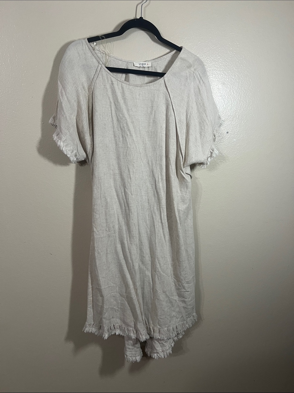 Umgee Cream Fringe Short Sleeve Tunic Dress